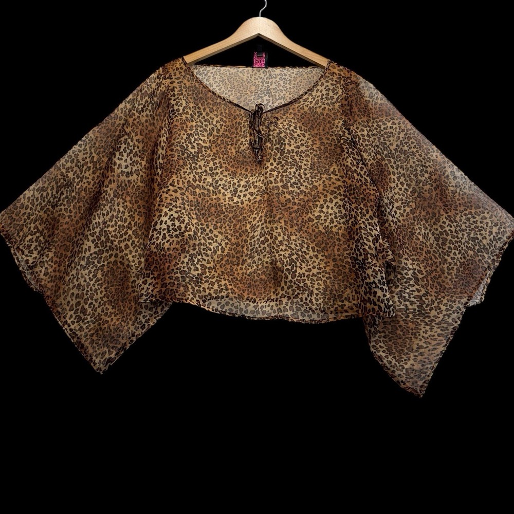 2b Bebe Leopard Print Sheer Y2K Batwing Sleeved Black‎ Brown Top Size L #501
